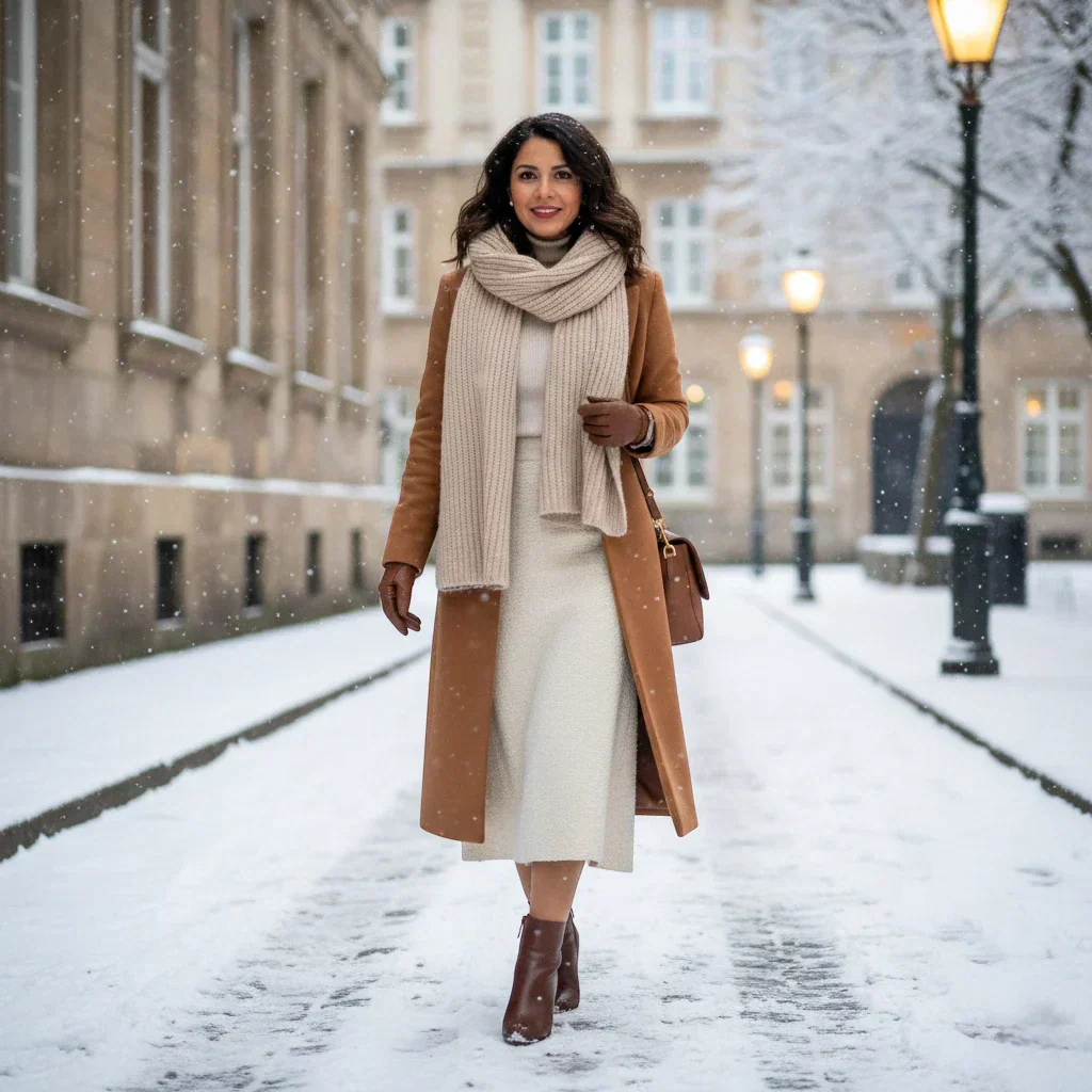 Femme latina en jupe blanche midi et manteau camel dans la rue en hiver