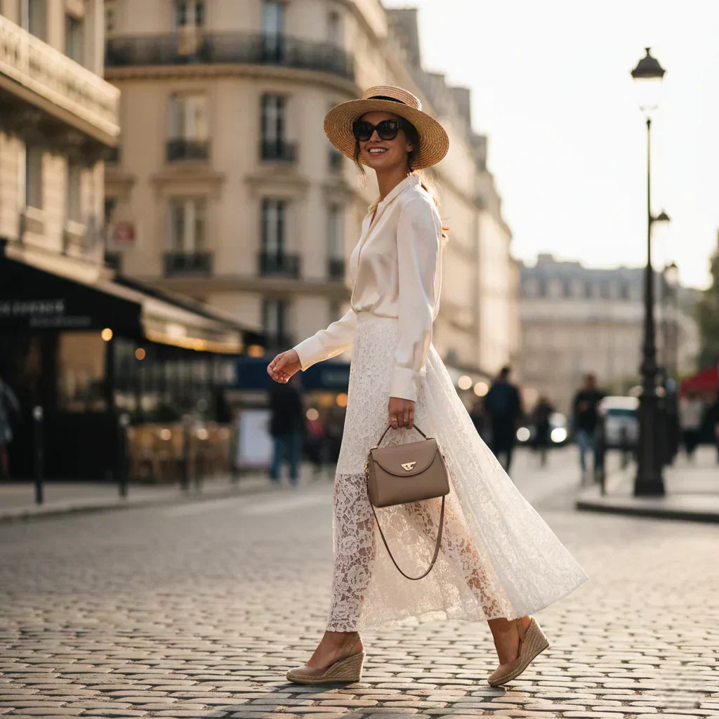 Femme portant une jupe blanche en dentelle dans une rue parisienne, look chic et intemporel.