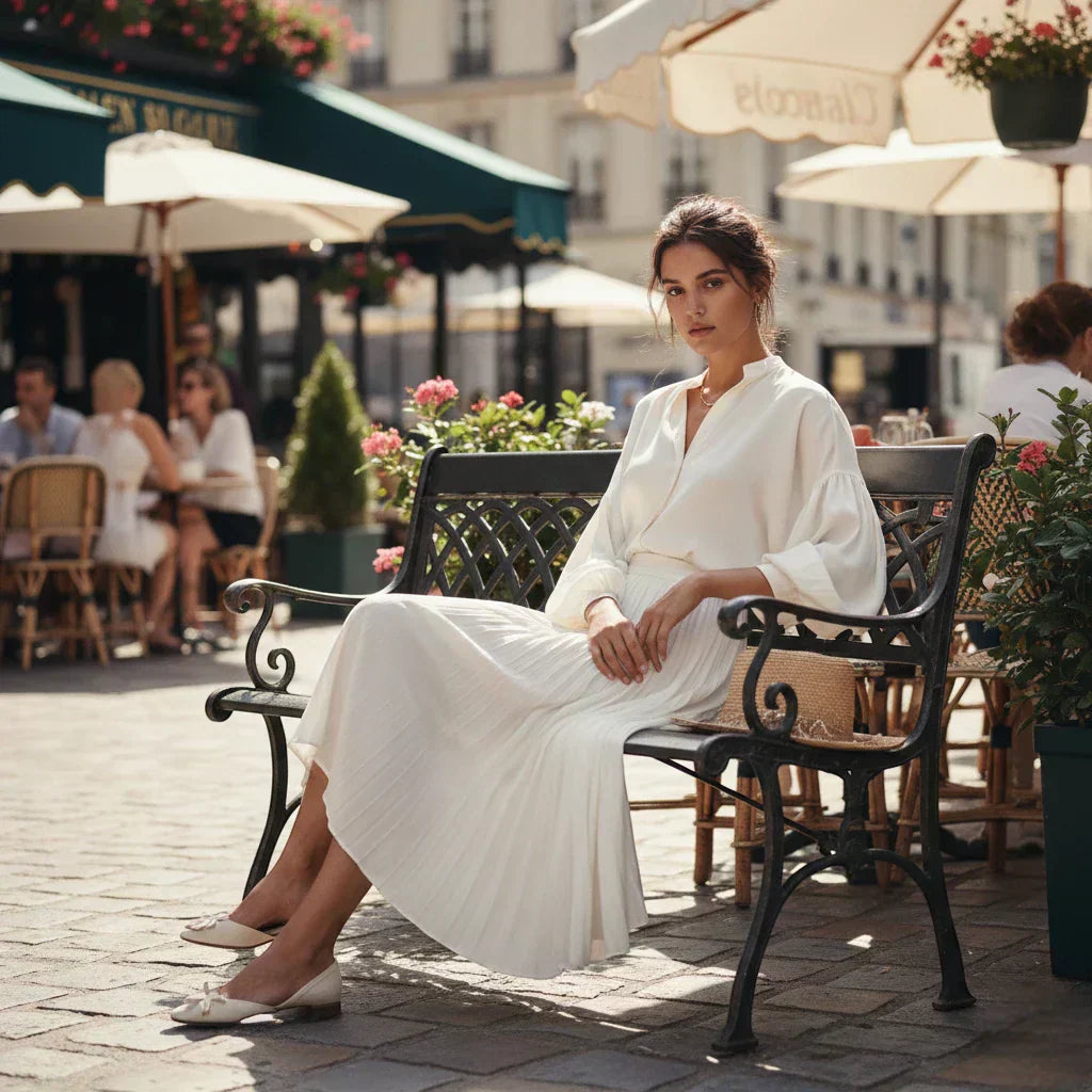 Femme assise en terrasse portant une jupe blanche mi-longue et un haut décontracté et chic, style estival.