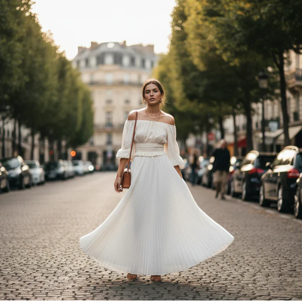 Femme portant une jupe longue blanche fluide avec un haut élégant, look chic et moderne en extérieur.