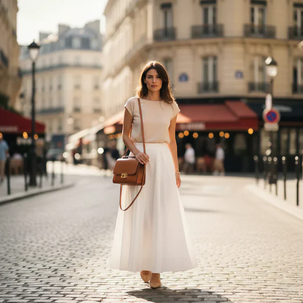Femme portant une jupe longue blanche fluide avec un haut beige dans une rue parisienne, look estival élégant Image