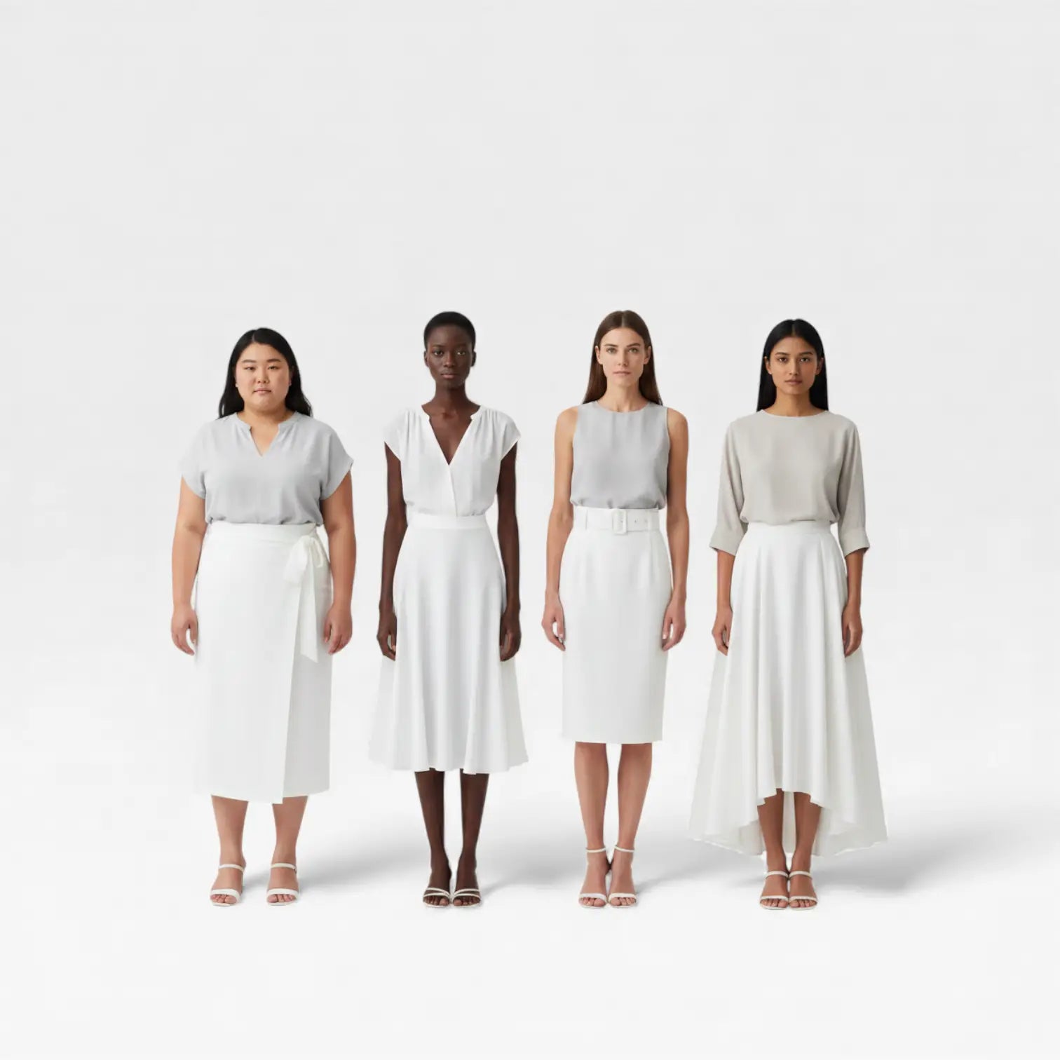 quatres femme de différentes morphologie portant des jupes blanche