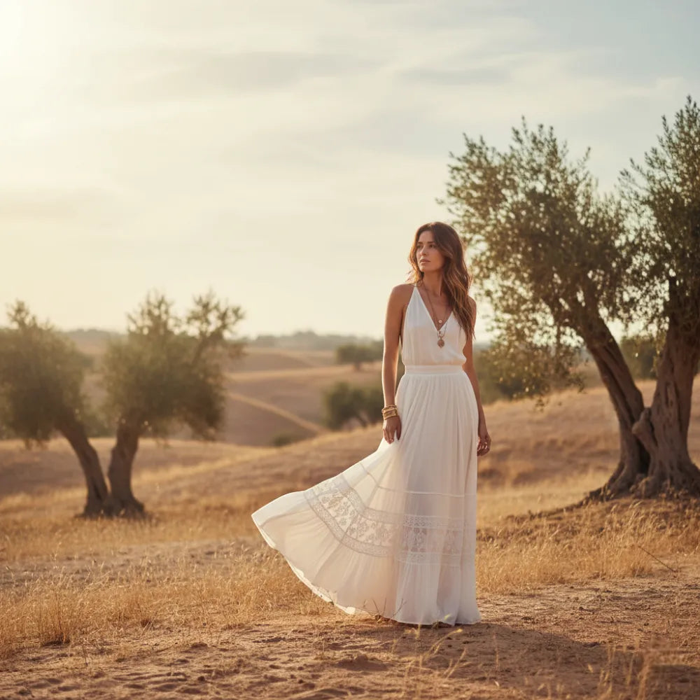 Femme portant une jupe blanche boheme Image