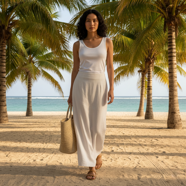 Jupe blanche en lin longue, fluide et légère, portée en bord de mer, idéale pour l'été. Image