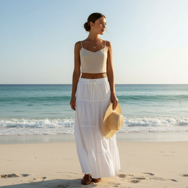 Jupe longue blanche bohème chic en coton fluide, taille élastique avec lien, style estivale élégant. Image