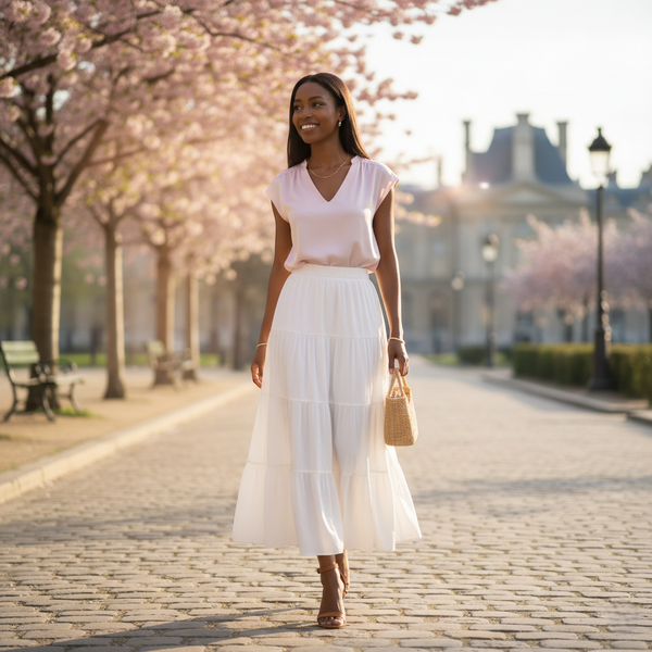Jupe longue blanche style bohème en tissu léger et fluide, portée dans une ambiance printanière. Image