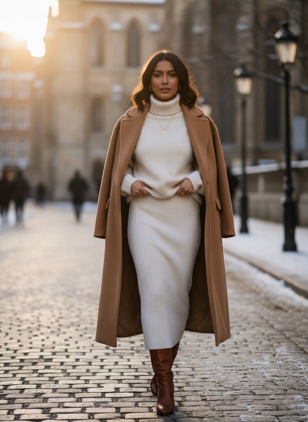 Jupe longue laine blanche, tricotée, coupe droite, portée avec manteau camel et bottes cuir. Image