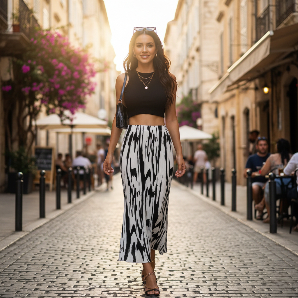 Jupe longue noire et blanche en tissu fluide imprimé, coupe droite et taille haute élégante. Image