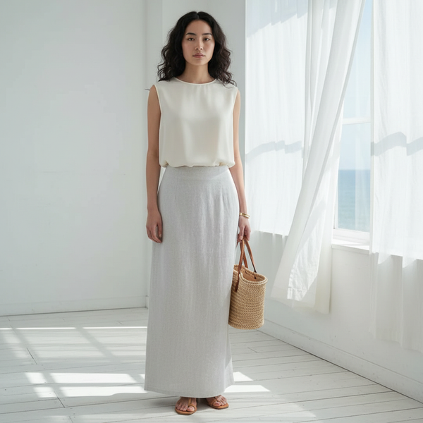 Jupe blanche en lin longue, coupe droite, portée avec un haut sans manches et des sandales plates. Image
