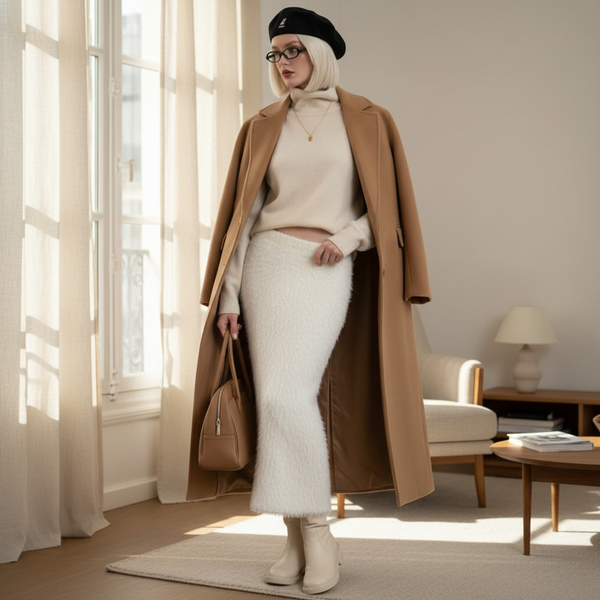 Jupe blanche hiver femme en maille duveteuse, coupe longue près du corps, style élégant et chaud. Image