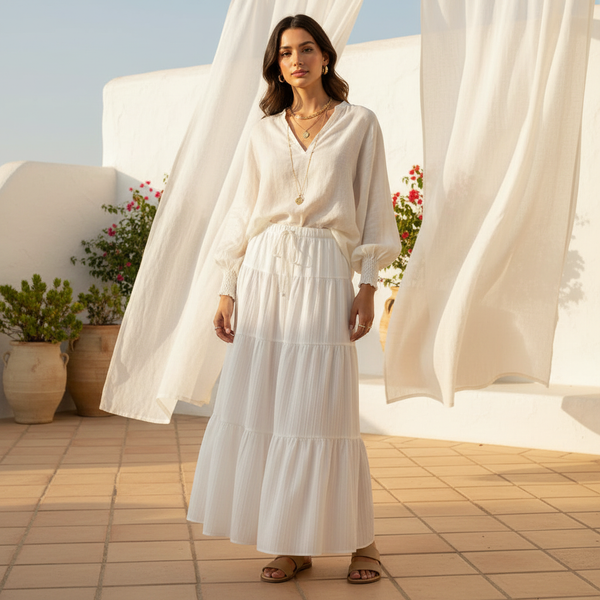 Jupe longue blanche bohème en coton léger à taille élastiquée et volants, style décontracté chic. Image