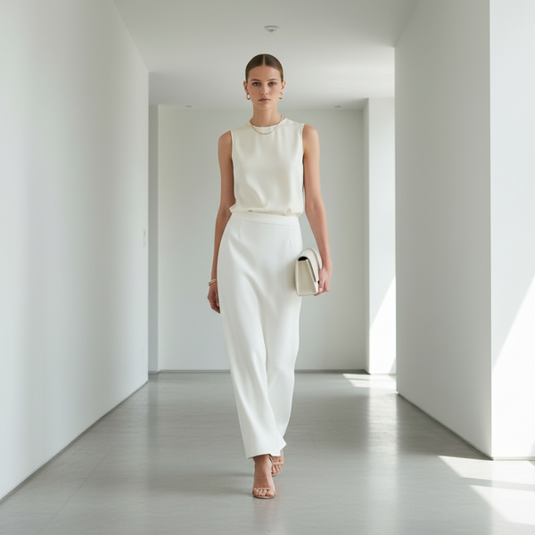 Jupe longue blanche chic en tissu fluide, coupe droite et élégante, portée avec un haut assorti. Image