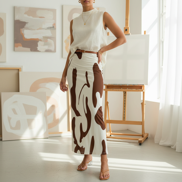 Jupe longue blanche et marron en tissu fluide à imprimé abstrait, coupe droite et taille haute. Image