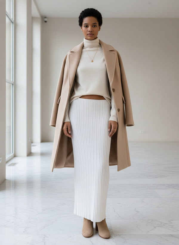 Jupe longue laine blanche à côtes, matière épaisse et douce, coupe droite et élégante. Image