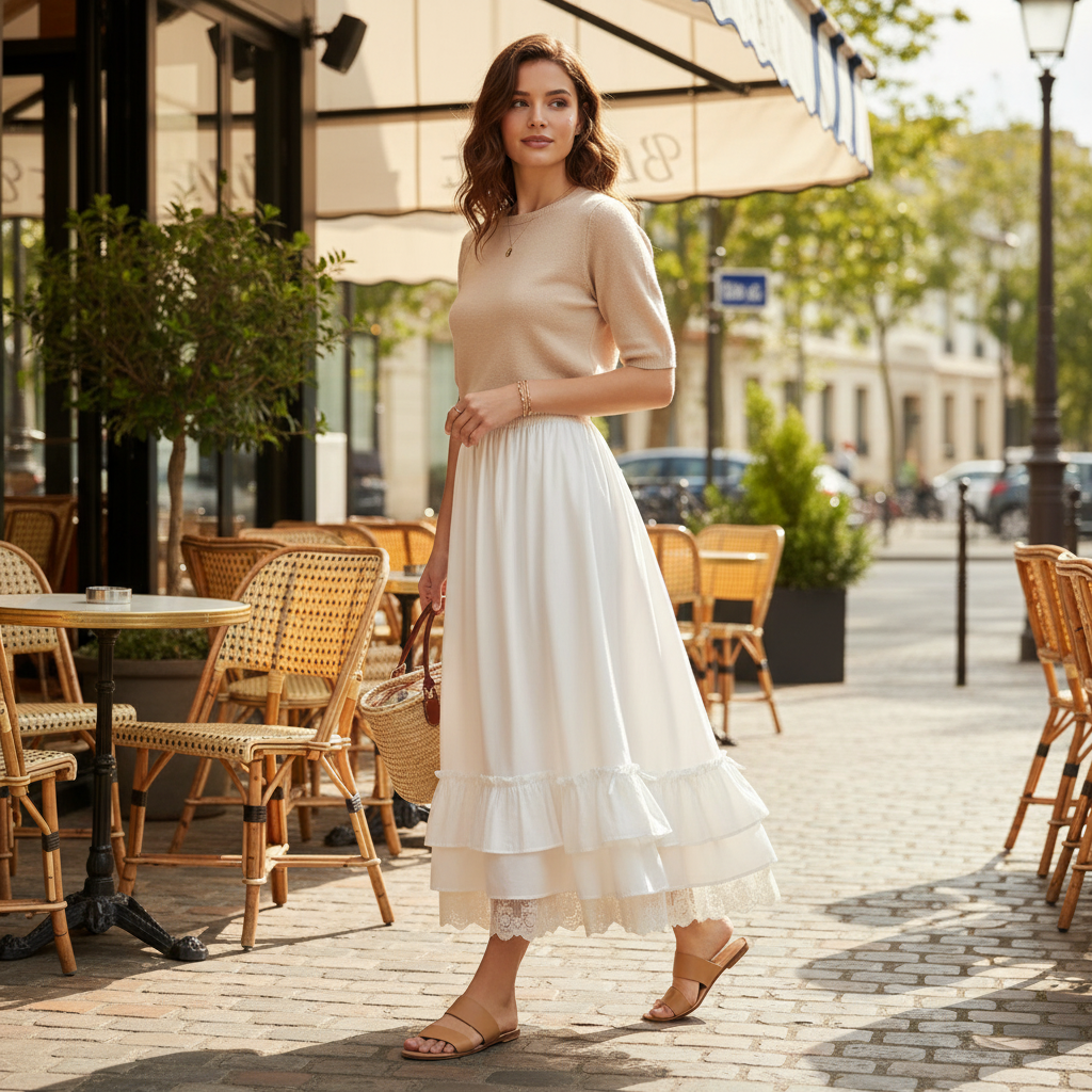 Jupe douce blanche nœud en tissu fluide, longueur midi avec volants et détails en dentelle. Image