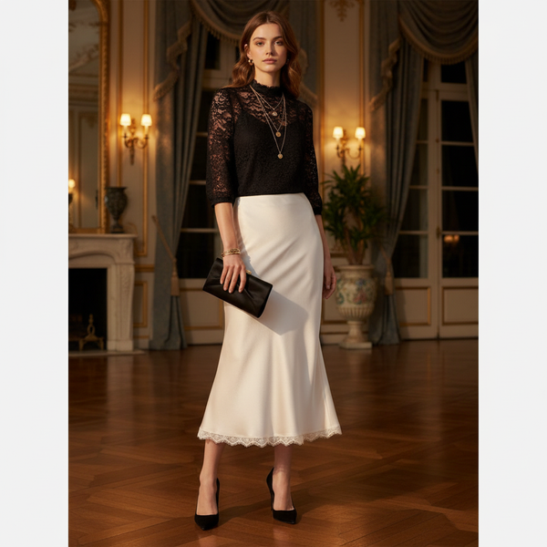 Jupe longue satinée blanche dentelle, en tissu fluide avec finition en dentelle au bas. Image