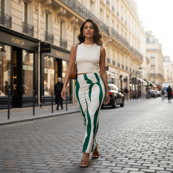 Jupe longue verte et blanche en tissu fluide à motifs abstraits, coupe droite et taille haute. Image