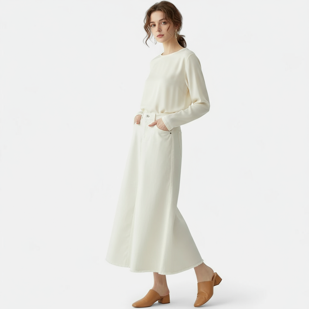 Jupe denim blanche longue en coton, coupe évasée avec poches latérales et taille haute. Image