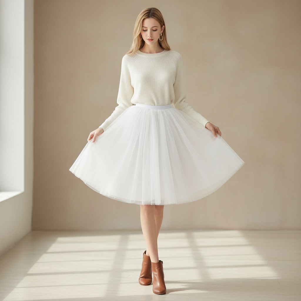 Jupe en tulle blanche mi longue, confectionnée en tissu léger et vaporeux, coupe évasée élégante. Image