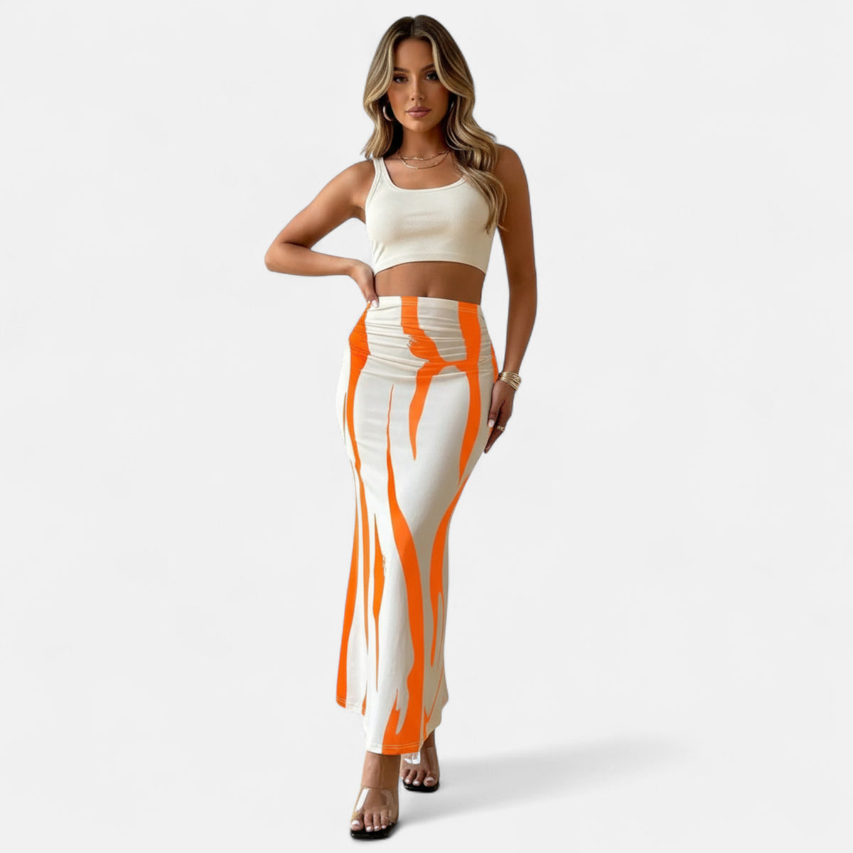 Jupe longue blanche et orange