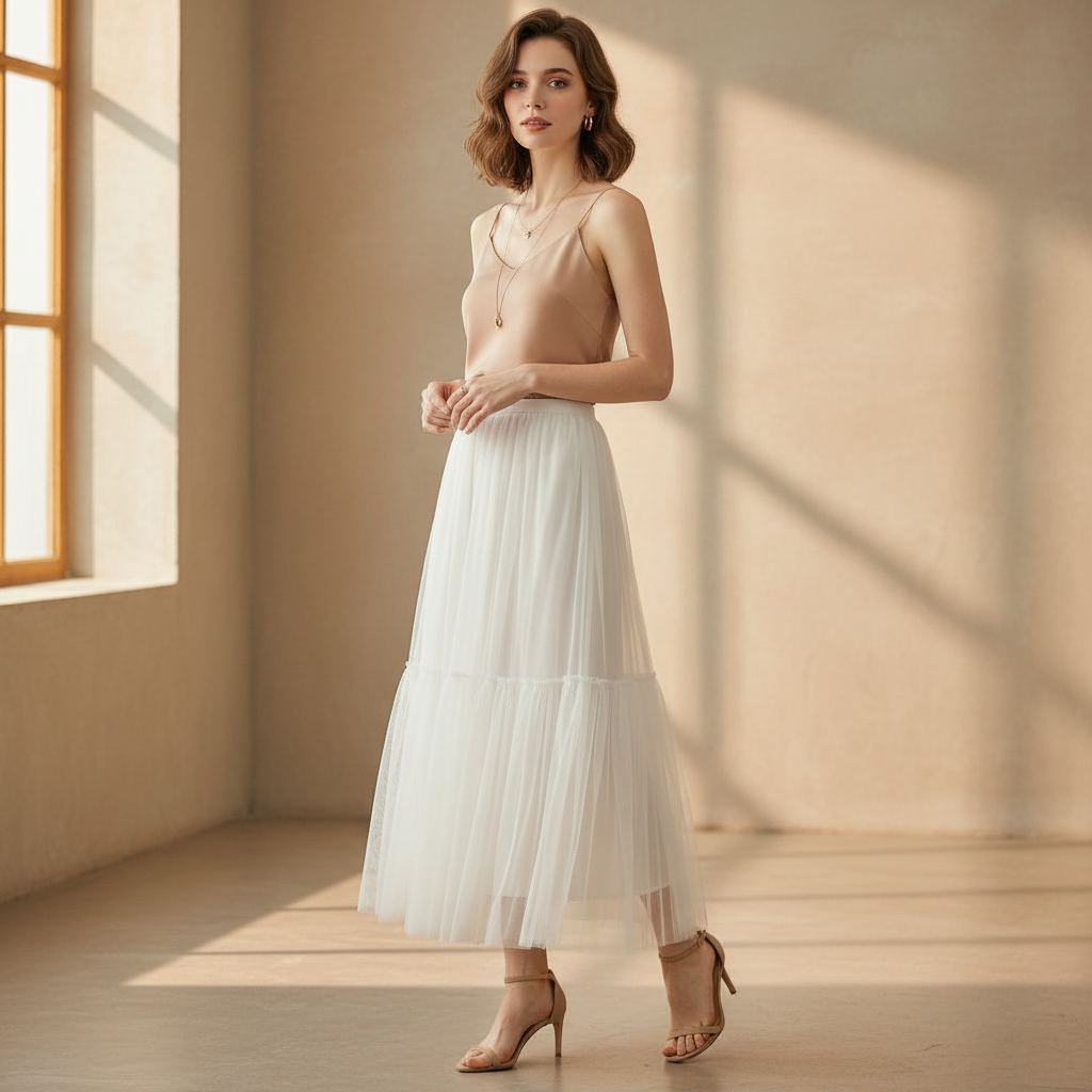 Jupe longue en tulle blanche, légère et fluide, portée avec des sandales à talons beiges. Image