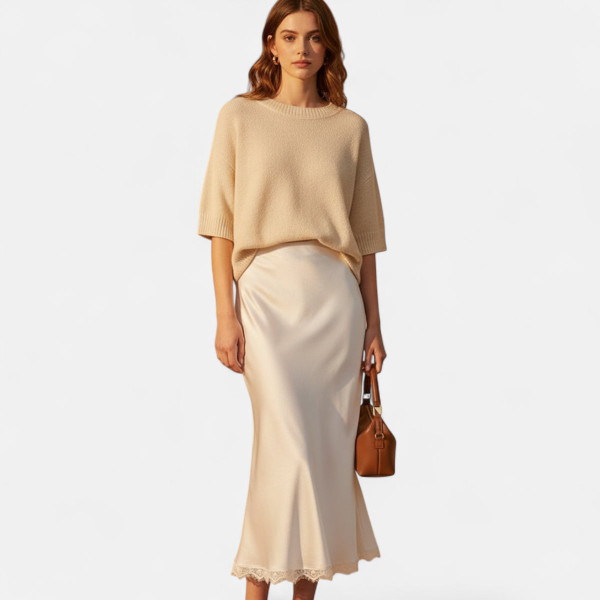 Jupe longue satinée blanche dentelle