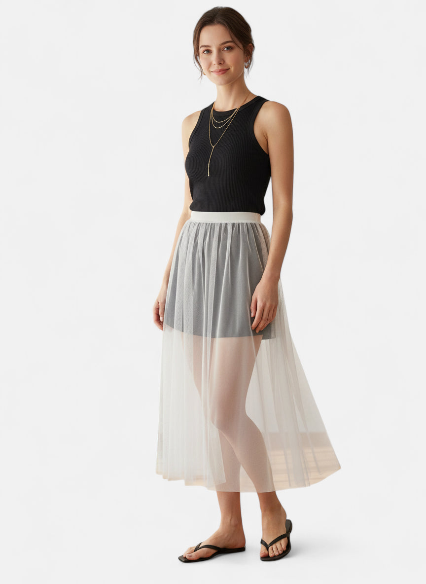 Jupe longue transparente en tulle blanc