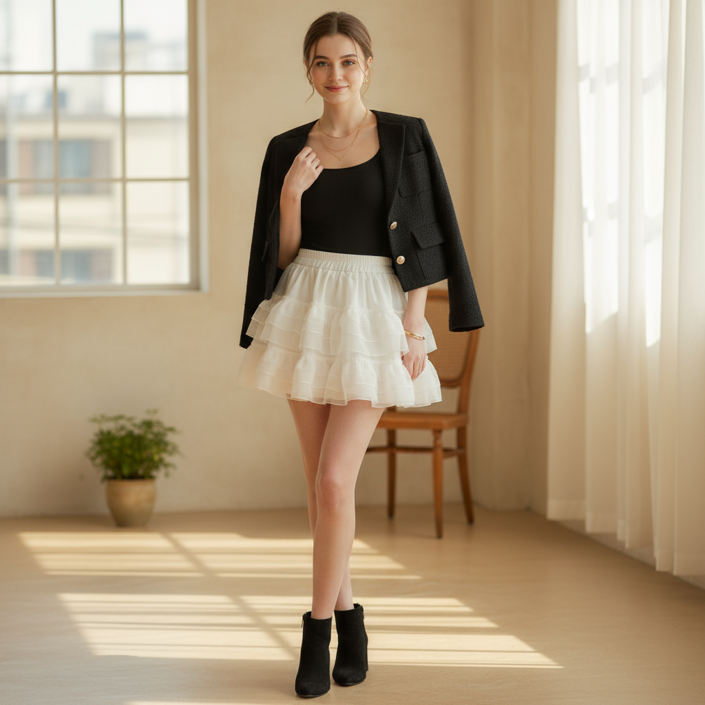 Jupe tulle blanche courte évasée en tissu léger, à volants, portée avec un haut noir chic. Image