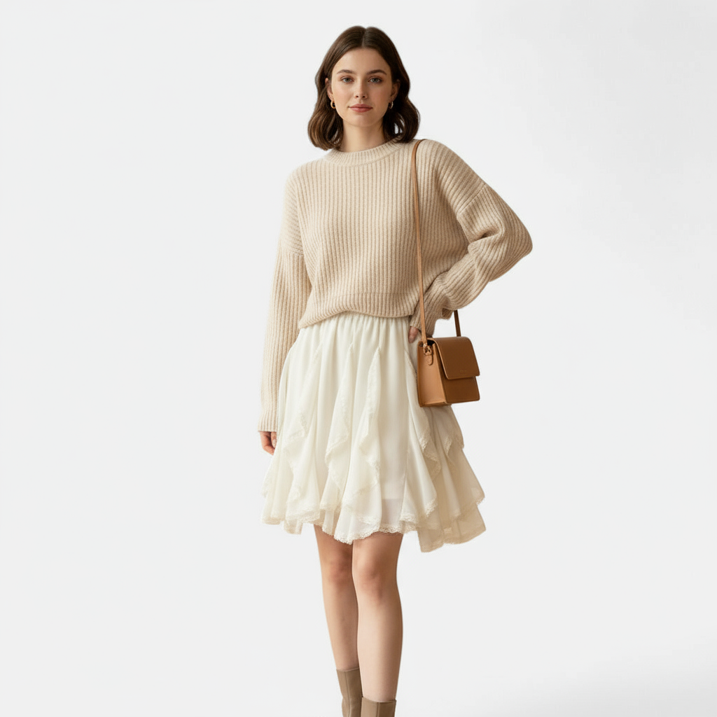 Jupe tulle blanche courte irrégulière en tissu léger, coupe fluide avec volants asymétriques. Image