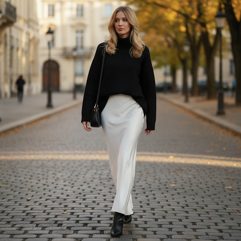 Jupe blanche droite chic amincissante en satin fluide, coupe longue et élégante, finition soignée. Image