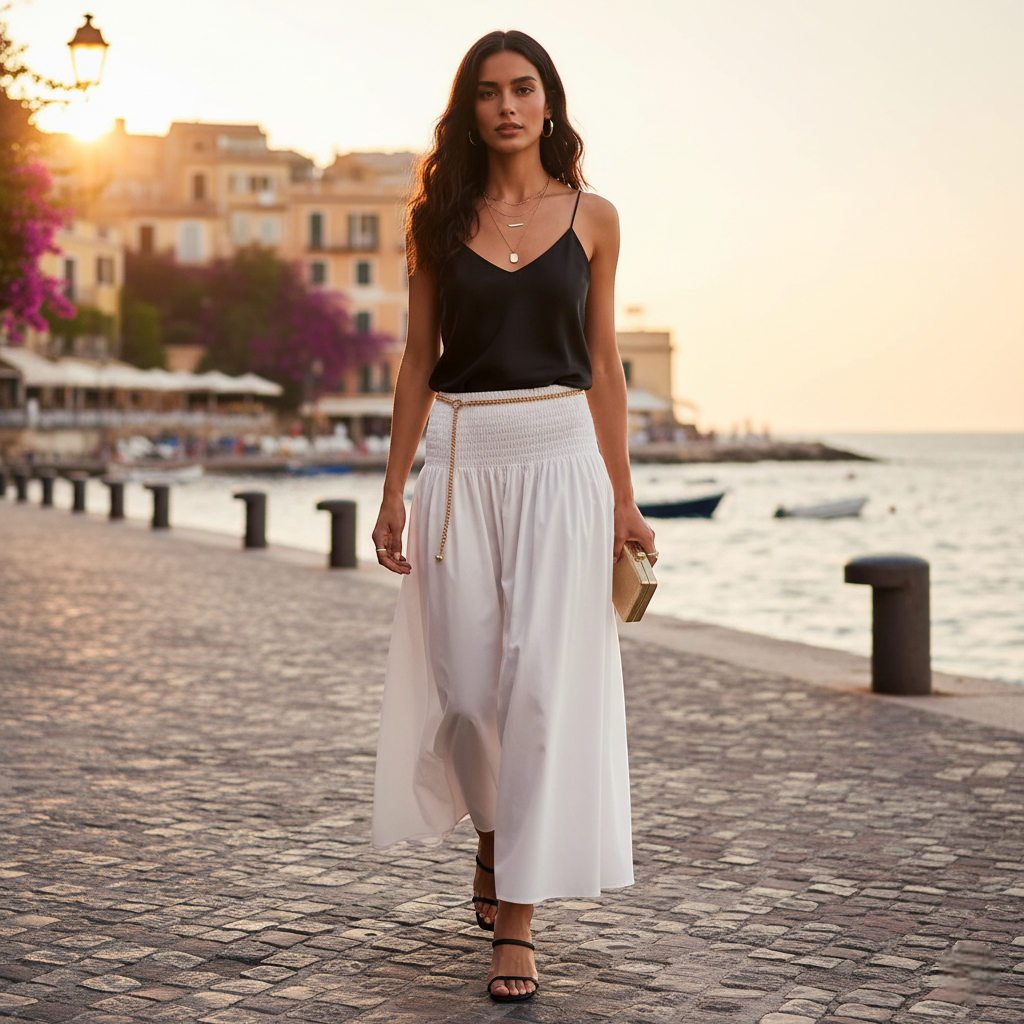 Jupe blanche popeline longue en coton, taille haute smockée, portée avec des sandales noires. Image
