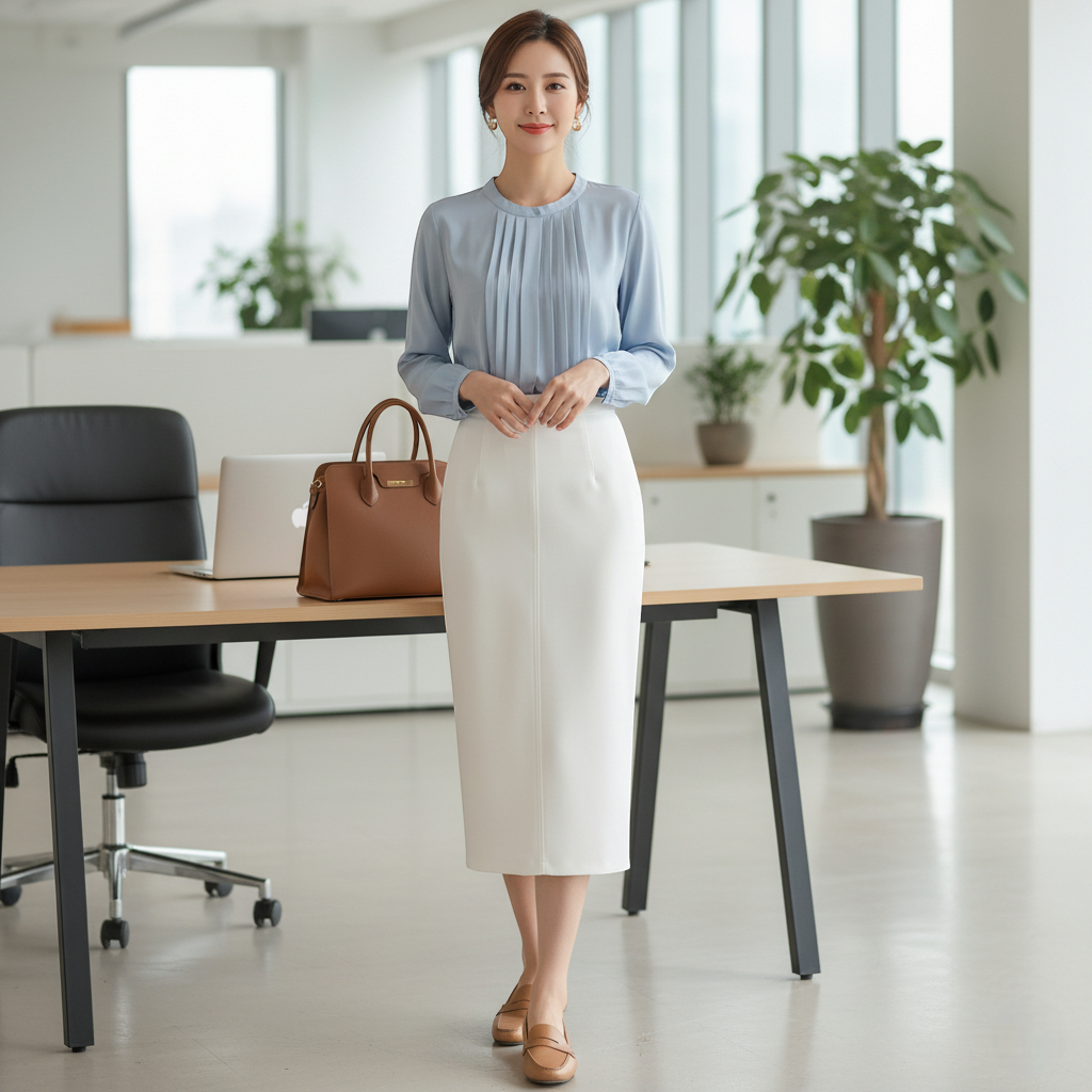 Femme portant une jupe blanche midi en simili cuir, associée à un chemisier bleu pâle et des mocassins beiges, dans un bureau moderne et lumineux. Image