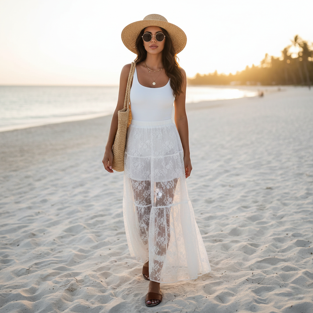 Jupe blanche transparente longue en dentelle légère, portée sur la plage en fin de journée. Image
