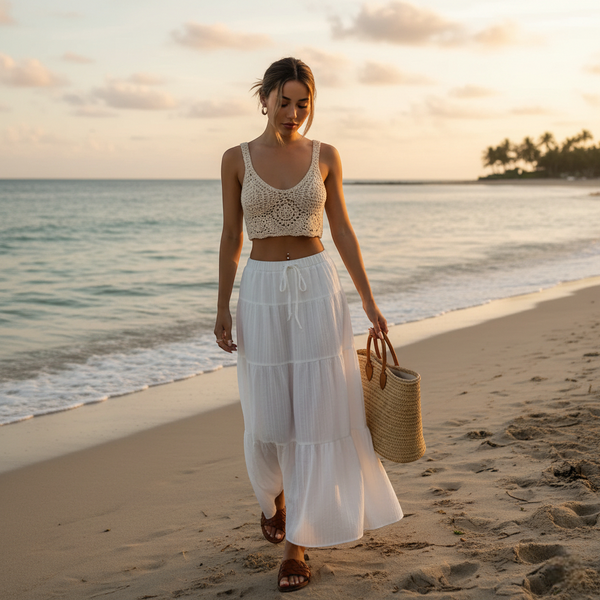 Jupe longue blanche bohème en coton léger à taille élastique, coupe fluide et détails froncés. Image