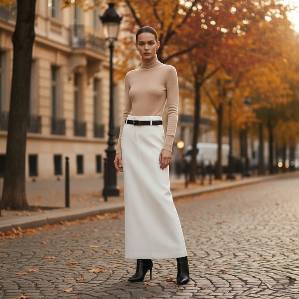Jupe longue blanche chic en tissu épais, coupe droite, portée avec un pull beige et des bottines. Image