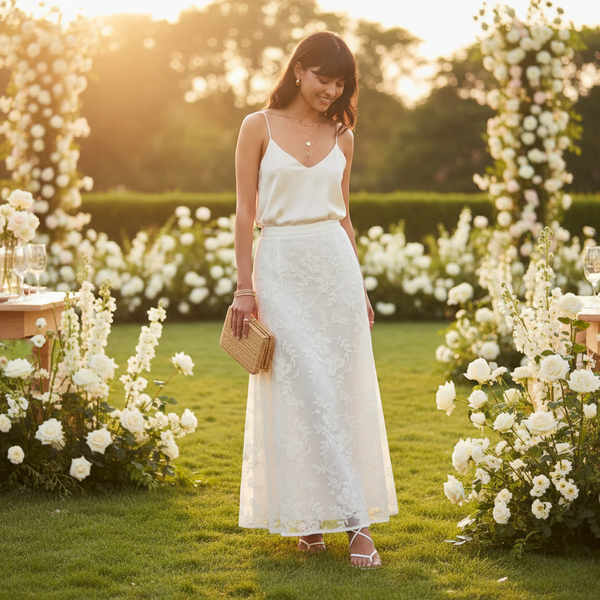 Jupe longue dentelle blanche en tissu léger, motif floral, portée lors d’un événement en plein air. Image
